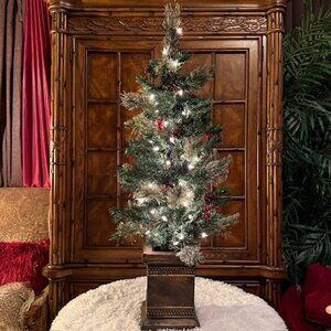 3.5 ft Berry Pinecone Indoor Outdoor Prelit Tree in Bronze Finish Square Pot